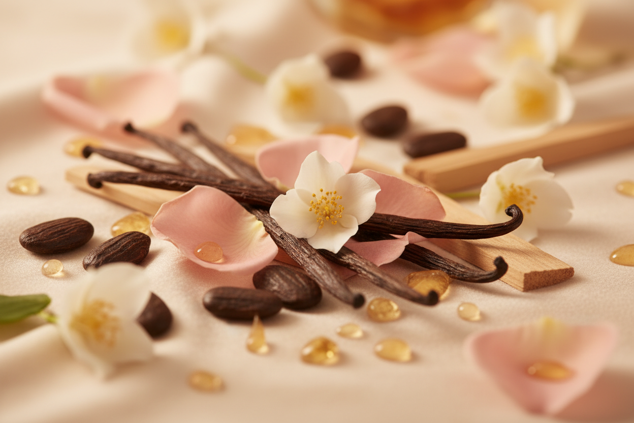 Give ingredient image based on this - The scent opens with a soft floral gourmand sweetness, warm and inviting from the first breath. 